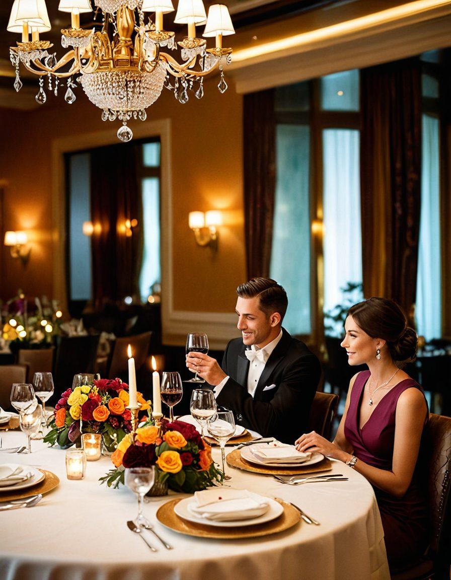 A beautifully set dining table adorned with gourmet dishes, featuring a variety of colorful appetizers, main courses, and desserts, under soft, romantic lighting. Include a stylishly dressed couple enjoying their meal, with elegant wine glasses and fresh flowers as centerpieces. The background reveals a luxurious restaurant ambiance with warm tones and intricate decor that enhances the dining experience. super-realistic. vibrant colors. elegant atmosphere.