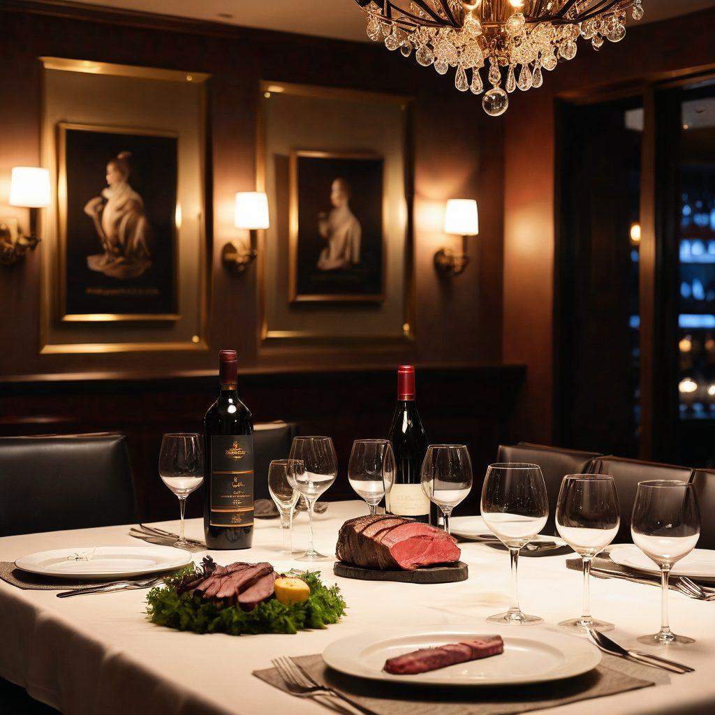 A luxurious upscale steakhouse setting featuring a beautifully arranged dining table with prime cuts of steak, accompanied by elegant wine glasses filled with fine wine. Soft ambient lighting casts a warm glow, with tasteful decorations like candles and fresh herbs enhancing the opulence. In the background, a well-dressed sommelier presents a wine bottle, hinting at the exquisite pairing experience. super-realistic. warm colors. elegant atmosphere.