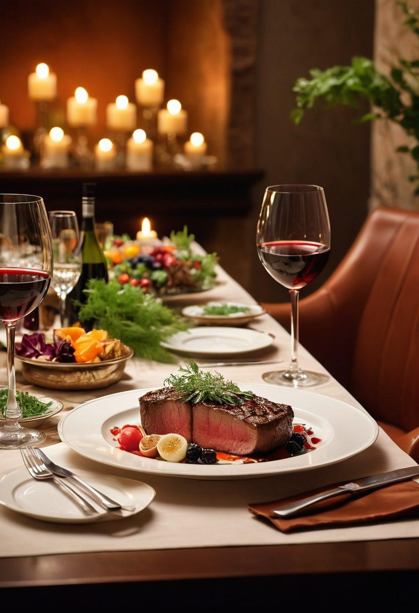 A lavish dining table set with fine china and crystal glasses, featuring a perfectly cooked steak garnished with fresh herbs, complemented by rich side dishes. The ambiance is warm with elegant candlelight and soft leather upholstery in the background. A sommelier presents an exquisite wine bottle, alongside a luxurious dessert display. super-realistic. vibrant colors. warm lighting.